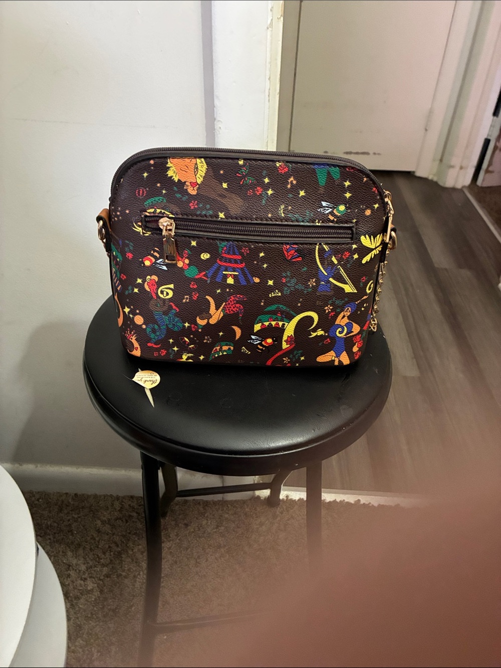 Brown Printed Crossbody Bag with Colorful Motifs